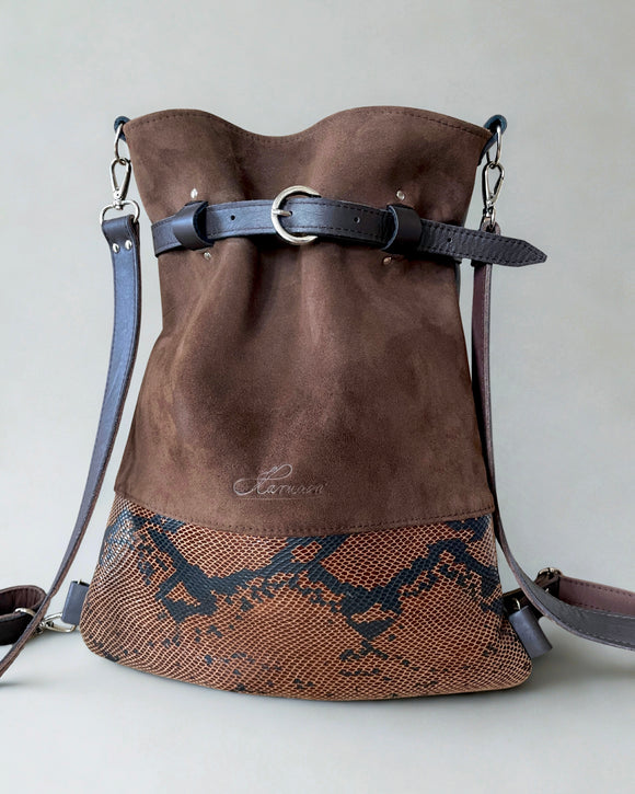 CHOCOLATE AND PITHON PRINT BACKPACK/TOTEBAG