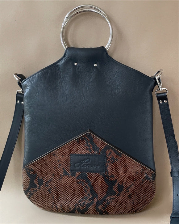 BLACK & PITHON PRINT LEATHER O-RING BAG