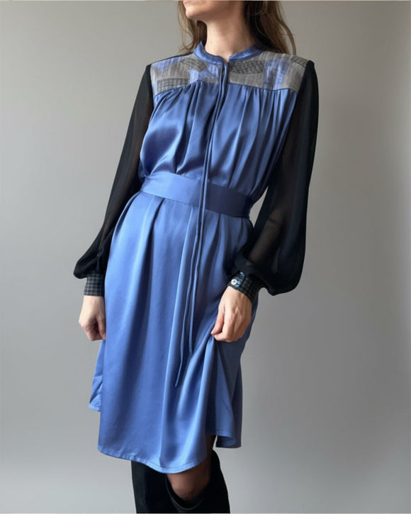 RUBY DRESS DRESS UPCYCLED TWEED & CORNFLOWER SATIN