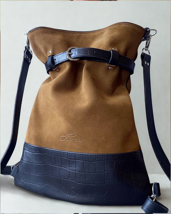 BLACK CROCO/BROWN SUEDE BACKPACK/TOTEBAG