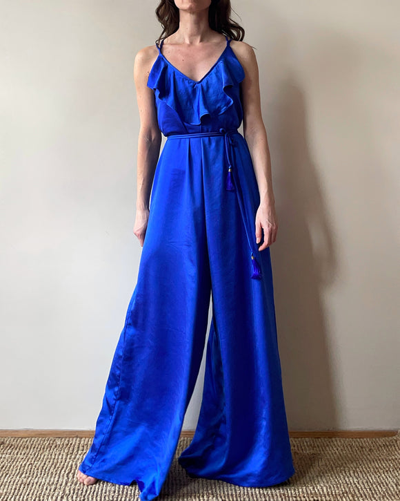 SATIN FRILL OVERALL QUEEN BLUE