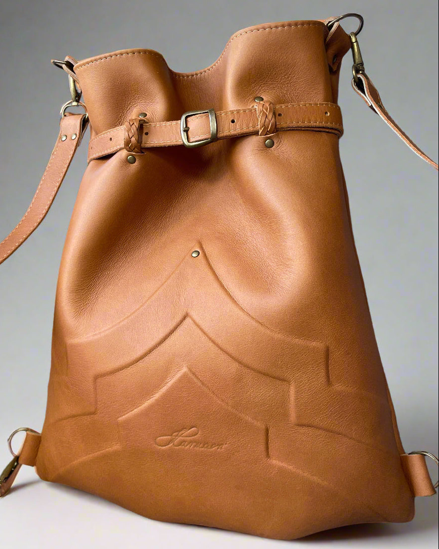 EMBOSSED CINNAMON BACKPACK/TOTEBAG – Karmacsi - THE URBAN BOHEMIAN