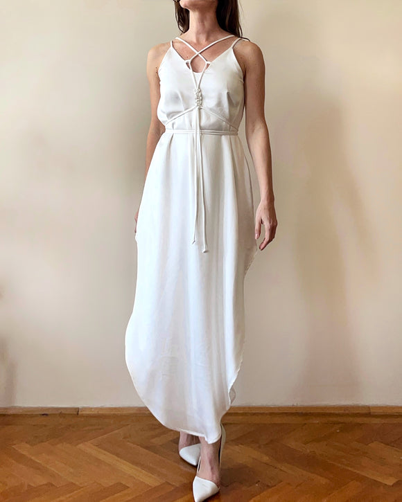 MACRAME JUNE DRESS WHITE SATIN